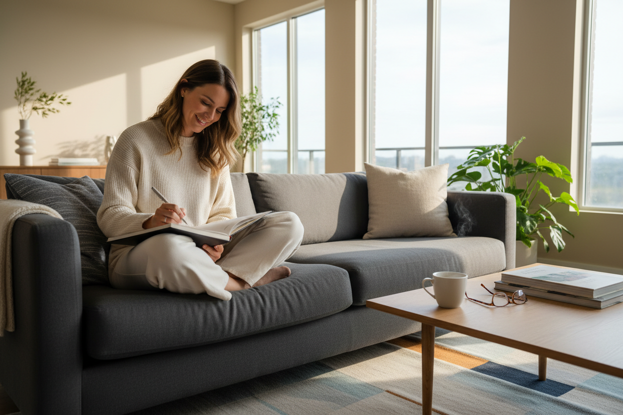 A woman on a sofa writing in a spiral-bound journal in a bright living room, with a coffee on the side table
